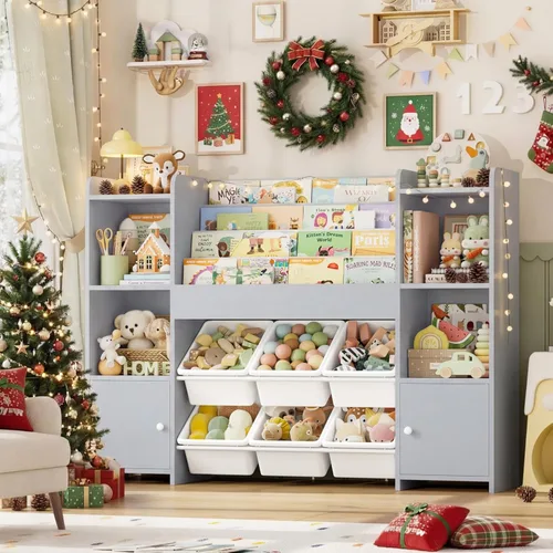 Vista 4 de FINETONES Organizador de almacenamiento de juguetes con 6 cubos de juguetes, organizador de juguetes para niños con 6 cubículos, organizadores