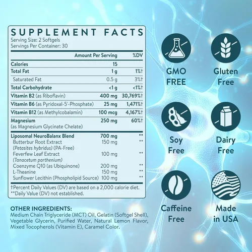 Vista 5 de Suplemento para Alivio de Migraña – Riboflavina Liposómica, Vitamina B2 B6 & B12, Magnesio, CoQ10, L-Teanina, Sin Ácido Pantoténico Butterbur &