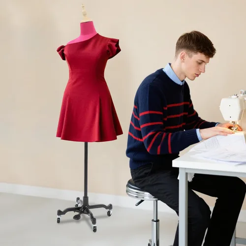 Vista 9 de Torso de maniquí de forma de vestido femenino, modelo de cuerpo ajustable de 51 a 75 pulgadas, modelo de exhibición de ropa con ruedas de 360°