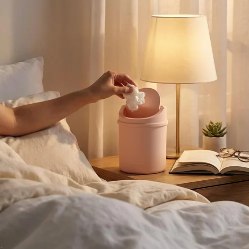 Vista 6 de Mini basurero de escritorio de 2 L, pequeño cubo de basura con tapa oscilante, color rosa Estructura portátil ligera, compacta de 0.5 galones