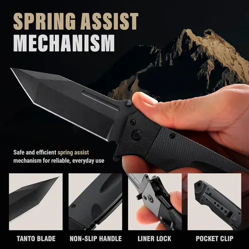 Vista 4 de Navaja de bolsillo de servicio pesado con resorte para hombres - Hoja afilada Tanto de 3.5" - Cuchillos japoneses tácticos plegables de defensa
