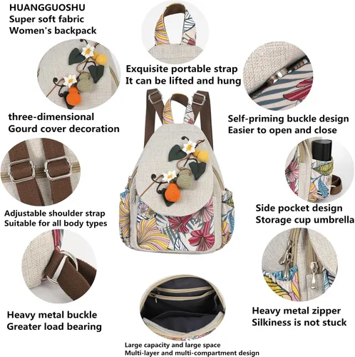 Vista 173 de HUANGGUOSHU Mochila de algodón tejida de algodón bohemio con bordado de lona estilo bohemio con múltiples bolsillos retro linda mochila cartera