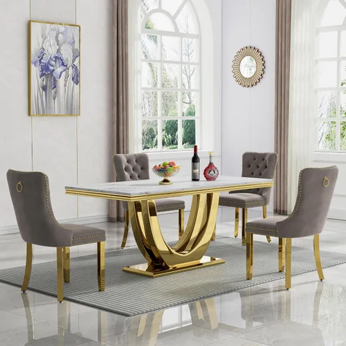 Vista 20 de Juego de mesa de comedor de mármol sintético, 7 piezas, juego de mesa de cocina y comedor para 6, mesa de comedor rectangular blanca de 70 pulgadas