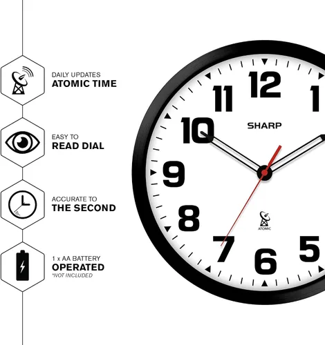 Vista 3 de Sharp Reloj de pared analógico atómico de 12 pulgadas, marco negro elegante, funciona con pilas, fácil de leer, fácil de usar, diseño
