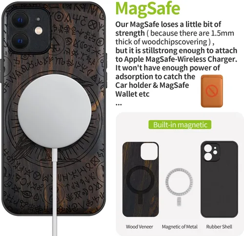 Vista 5 de Carveit Funda magnética de madera para iPhone 12 [madera natural y TPU suave negro] a prueba de golpes, funda de madera única y elegante compatible