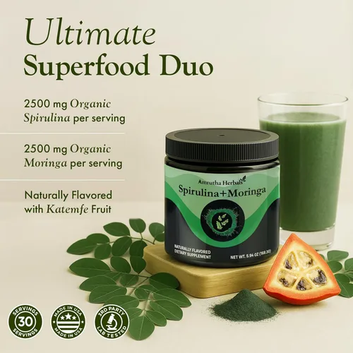 Vista 3 de Espirulina orgánica + polvo de moringa orgánica, sin gluten, apto para veganos, desintoxicante y digerido, superalimentos, 30 porciones fabricadas