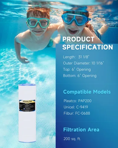 Vista 3 de AQUALTRA Filtro de piscina compatible con CC200, C-9419, PAP200, R173217, FC-0688, 200 pies cuadrados, 31 1/8 pulgadas x 10 1/16 pulgadas, paquete