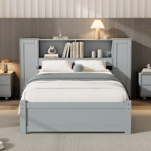 Vista 3 de Cama de plataforma de tamaño individual con cabecera de almacenamiento y taquillas, cabecera de almacenamiento multifuncional con 3 estantes Gris-t