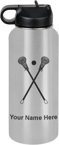 Vista 76 de LaserGram Botella de agua personalizada, palitos de lacrosse, acero inoxidable de doble pared aislada al vacío con popote superior, regalo grabado