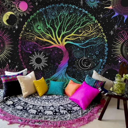 Vista 2 de AACKart Tapiz de luz negra para dormitorio - Tapiz espiritual del árbol de la vida que brilla en la oscuridad para colgar en la pared 59.1 x 51.2