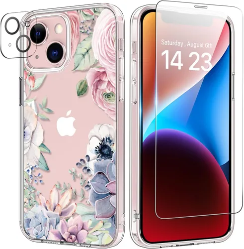 Vista 60 de bicol Funda para iPhone 14 Plus con Protector de Pantalla y Lente de Cámara - Diseños Florales de Moda para Mujeres y Niñas - Funda Transparente
