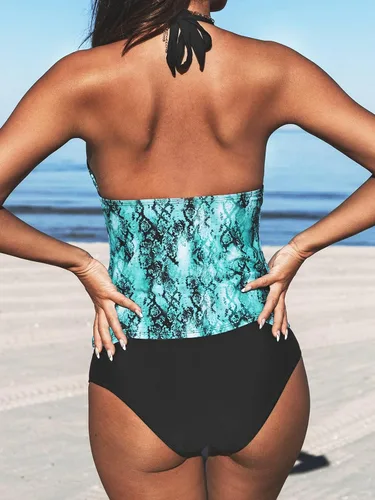 Vista 2 de CUPSHE Conjunto de tankini de dos piezas para mujer, con cuello en V, cuello halter y fruncido, parte superior con control de abdomen, estampado