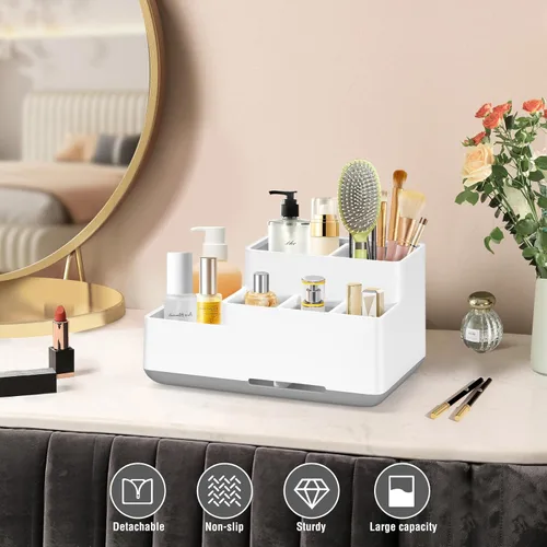 Vista 5 de Soporte para cepillo de dientes eléctrico, organizador de baño antideslizante desmontable con 6 compartimentos y agujeros de drenaje, organizador