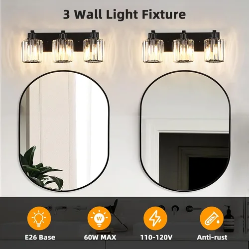 Vista 8 de 3 luces de cristal para tocador de baño, moderna lámpara de baño negra sobre espejo, luces de tocador para dormitorio, baño, pasillo, base E26