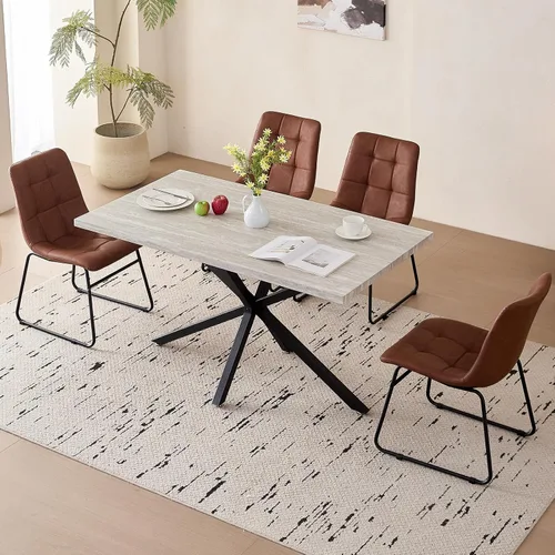 Vista 17 de Dining Table Set for 4, Modern 55" Brown Wood Grain Kitchen Table with 4 Stackable Dining Chairs, Faux Leather, for Dining Living Room Apartment