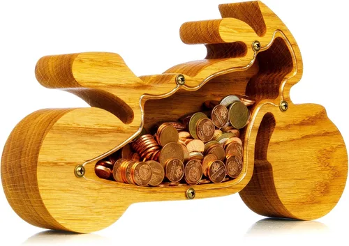 Vista 2 de Hucha de madera para motocicleta, bicicleta de madera Montessori, para adultos, niños, niñas, banco de monedas, regalo inspirador, caja de dinero