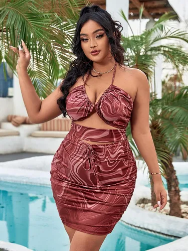 Vista 6 de WDIRARA Vestido corto ajustado sin espalda con estampado halter y espalda descubierta para mujer