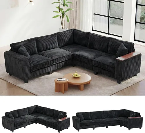 Vista 14 de Sofá seccional modular de 97 pulgadas con 5 asientos, sofá cómodo convertible en forma de L con almacenamiento en reposabrazos y dos almohadas