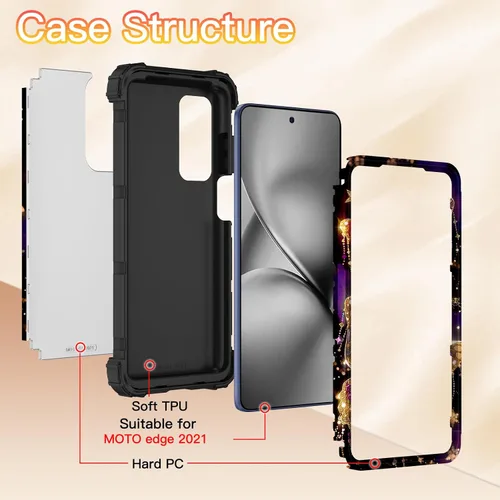 Vista 3 de LONTECT Funda para Moto Edge 2021, Moto Edge 5G UW, funda floral a prueba de golpes, 3 en 1, híbrida resistente, resistente, funda protectora