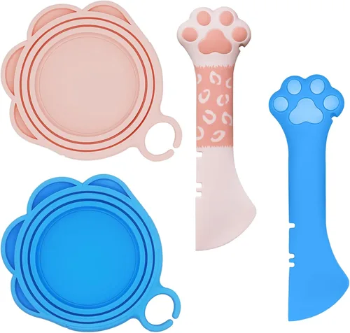 Vista 14 de SJANE Cucharas y tapas de latas de comida para gatos 4 piezas Abridor colorido multifunción con forma de pata Fundas universales de silicona