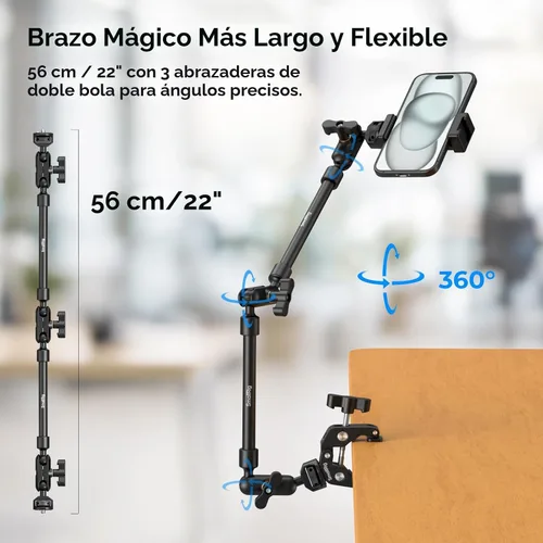Vista 3 de SMALLRIG 22" Magic Arm Clamp, Overhead Phone Mount Holder Stand, Camera Arm Soporte flexible para cámara de escritorio, brazo articulado