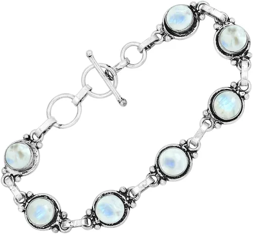 Vista 50 de Round Shape Natural & Synthetic Gemstones Silver Plated Bracelets for Women - Vintage Bohemian Style Handmade Birthstone Adjustable Link Bracelet