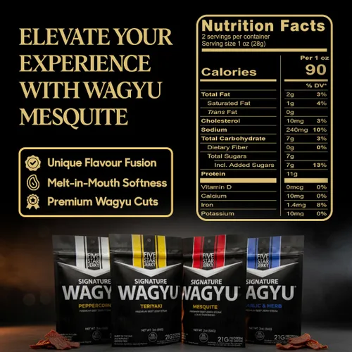Vista 2 de Five Star Wagyu Beef Jerky - Ajo y Hierba + Pimienta Variedad Paquete de 2 (4 onzas)
