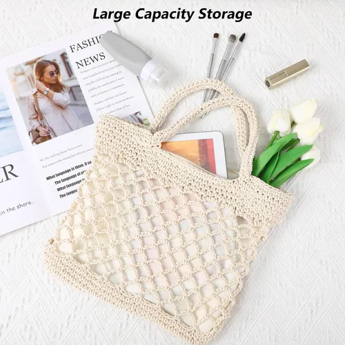 Vista 8 de TENDYCOCO Bolso tejido a mano de paja para el hombro, bolso de playa de verano tejido hecho a mano para mujeres, beige, 11.8 x 9.8 x 3.9 in, Beige
