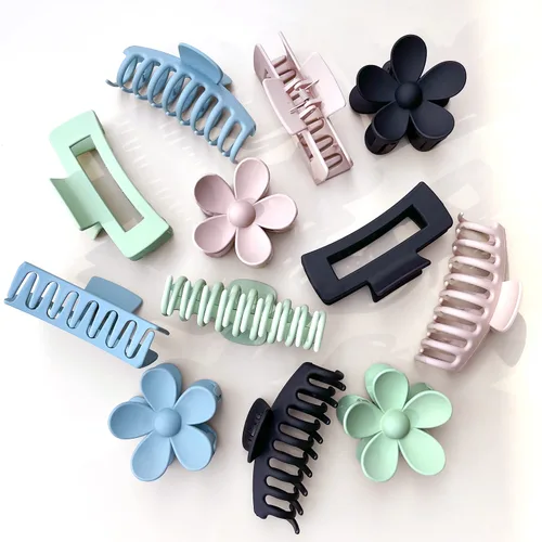 Vista 6 de Pinzas Grandes para Cabello Tipo Garra, Paquete de 12, Pinzas para Cabello con Flores para Cabello Fino, Grande Cuadrado Mate Sujeción Fuerte
