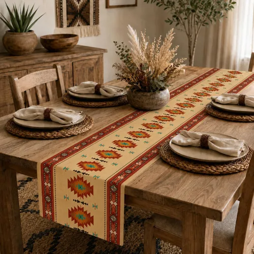 Vista 194 de Camino de mesa étnico del suroeste, navajo tribal nativo americano, bohemio, patrón geométrico azteca, camino de mesa para cocina, mesa de comedor