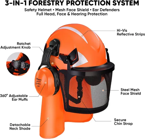 Vista 2 de Safeyear Casco de motosierra con protector facial y orejeras, casco forestal certificado ANSI con correa para la barbilla, visera de malla