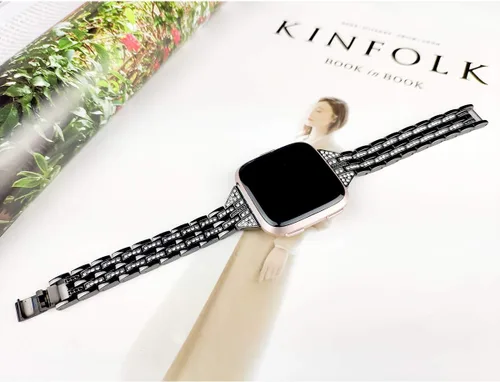 Vista 5 de Bandas compatibles con Fitbit Versa 2/Versa Lite/Versa, pulsera de repuesto con diamantes de imitación de metal para mujer, color negro