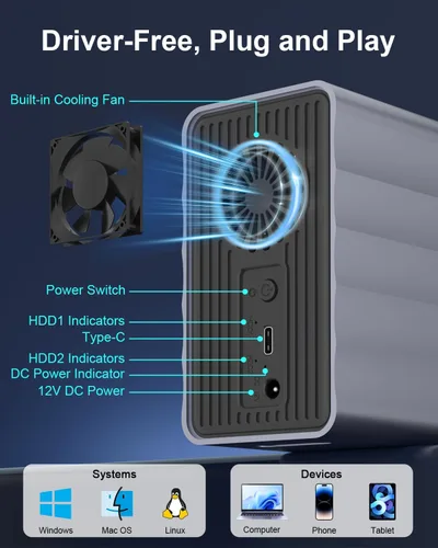 Vista 4 de Caja de disco duro de 2 bahías para disco duro SATA HDD/SSD de 2.5"/3.5" hasta 48 TB, caja de disco duro externo de aluminio con ventilador