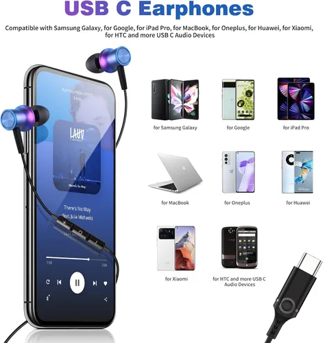 Vista 2 de COOYA Auriculares USB C para iPhone 17 Pro Max 16 15 Plus iPad Air Pixel 10 9 8 Tipo C Auriculares con cable con aislamiento de ruido magnético