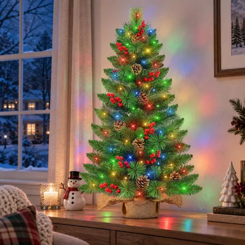 Vista 3 de Árbol de Navidad artificial pequeño de 3 pies con luces, mini temporizador