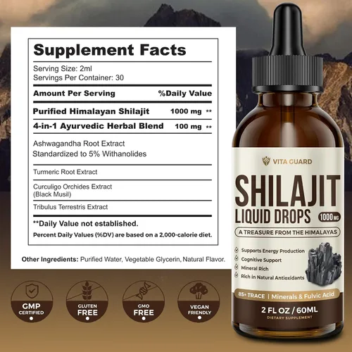 Vista 3 de Gotas líquidas Shilajit del Himalaya, 1000 mg de energía e inmunidad con más de 85 oligoelementos y ácido fúlvico, suplemento de fuerza, vitalidad