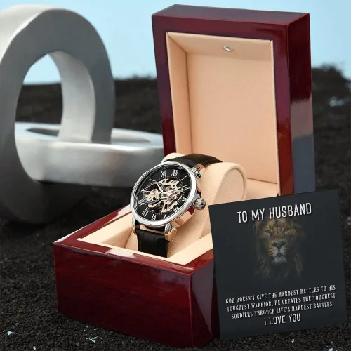 Vista 4 de Reloj To My Husband Regalo para el día del padre Regalo para marido de esposa Wife Loves Husband Reloj calado de lujo para hombre con caja
