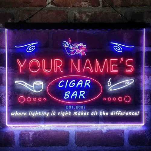 Vista 14 de Personalized Cigar Bar Lounge Tri-Color LED Neon Light Sign Customize Name Date Text Quote Font Green & Red & Yellow 13 x 8.7 Inches