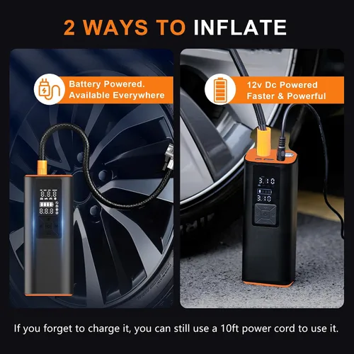 Vista 2 de Inflador de neumáticos Compresor de aire portátil para bicicleta, coche, motocicleta (con cable de carga de coche)