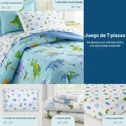 Vista 2 de Wildkin Juego de ropa de cama matrimonial de 7 piezas, edredón, sábanas y fundas de almohada 100% algodón para acurrucarse (tierra de dinosaurios)