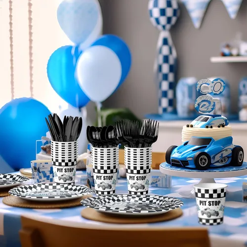 Vista 6 de Suministros de fiesta de auto de carreras vintage para 20 invitados, suministros de fiesta de cumpleaños de auto de carreras azul, incluye platos