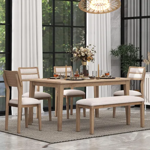 Vista 2 de Juego de mesa de comedor de 6 piezas con 4 sillas tapizadas y banco, mesa de comedor rectangular de madera de estilo tradicional para cocina, sala