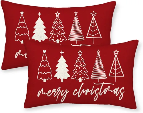Vista 25 de Juego de 2 fundas de almohada navideñas de 16 x 16 pulgadas, fundas de almohada de lino color rojo con diseño de alces y ciervos de invierno