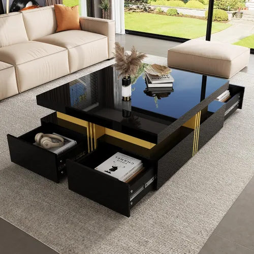 Vista 11 de Mesa de centro cuadrada negra moderna con 4 cajones Negro + dorado
