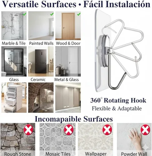 Vista 6 de Ganchos de pared adhesivos resistentes, acero inoxidable transparente, paquete de 12 – carga máxima de 24 libras, ganchos reutilizables impermeables