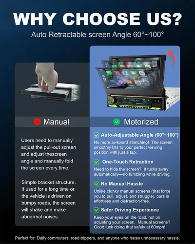 Vista 10 de Estéreo de auto de un solo DIN 2025 con Apple CarPlay y Android Auto - Radio de coche Bluetooth 5.1 de 7 pulgadas con pantalla táctil motorizada