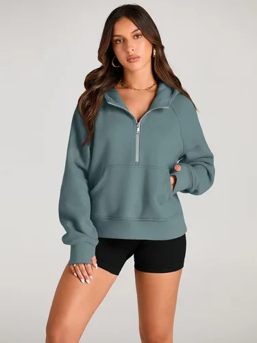 Vista 2 de AUTOMET Sudaderas con media cremallera, sudaderas cortas de forro polar para mujer, suéteres con cremallera de un cuarto, trajes de otoño, ropa