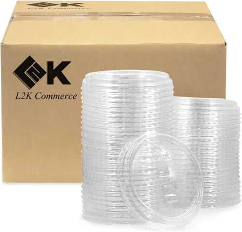 Vista 5 de L2K Tapas planas de plástico PET transparente con ranura para popote (paquete de 50) para 12, 16, 20, 24 onzas. Se adapta a vasos de plástico ultra
