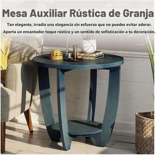 Vista 7 de COZAYH Mesa auxiliar rústica de granja con estante de almacenamiento, mesa lateral redonda moderna de estilo campestre francés para espacios Azul