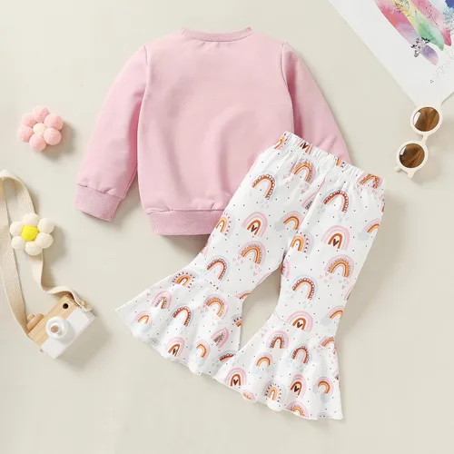 Vista 6 de YOUNGER TREE Conjunto de ropa para niña pequeña, camiseta de manga larga, pantalones de arcoíris, conjunto de pantalones, ropa de bebé para otoño e